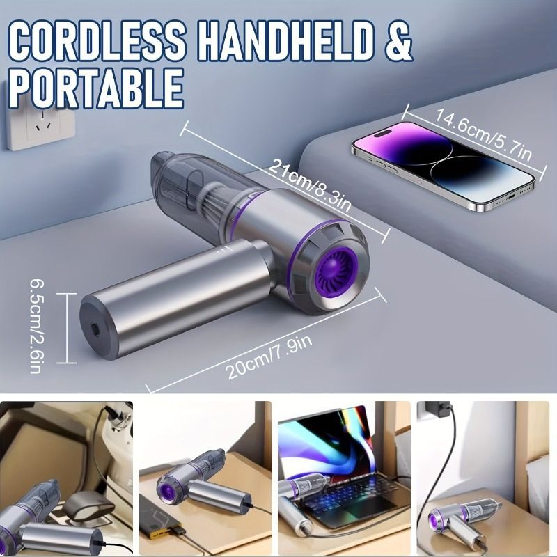 Gray handheld wireless vacuum cleaner with brush attachment and extension wand