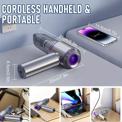 Gray handheld wireless vacuum cleaner with brush attachment and extension wand