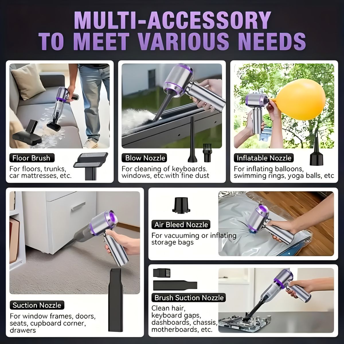 Gray handheld wireless vacuum cleaner with brush attachment and extension wand