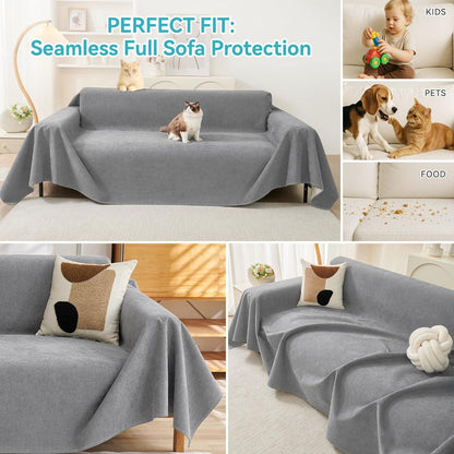 Light gray waterproof couch cover for a three cushion sofa with full sofa coverage