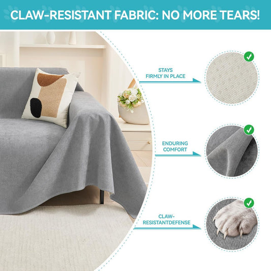 Light gray waterproof pet sofa cover laid across a three-cushion sofa