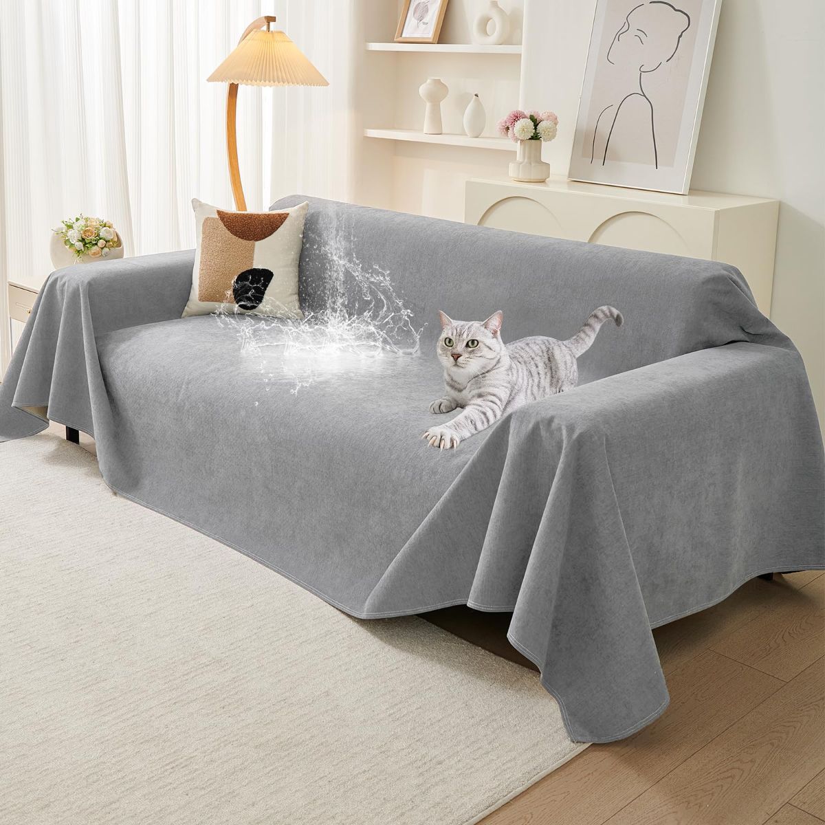 Light gray waterproof couch cover protector fitted over a three-cushion sofa