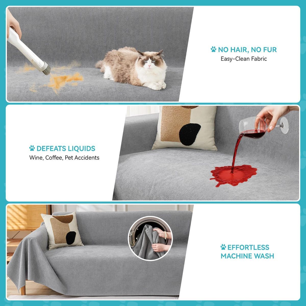 Light gray waterproof couch cover protector fitted over a three-cushion sofa