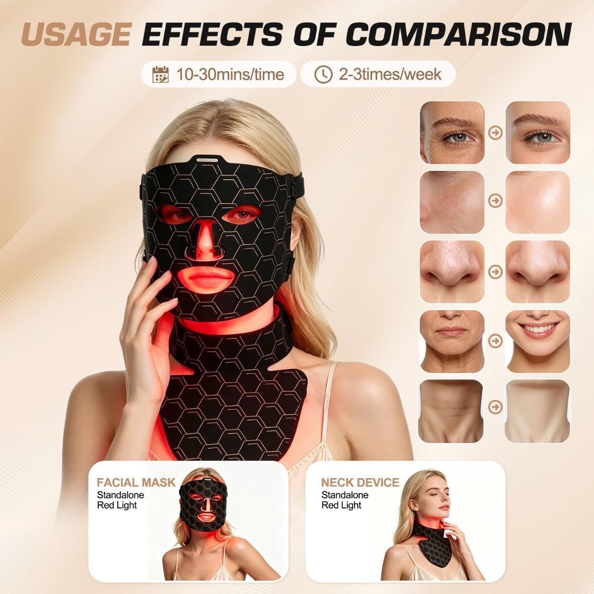 Silicone face and neck light therapy mask with remote control