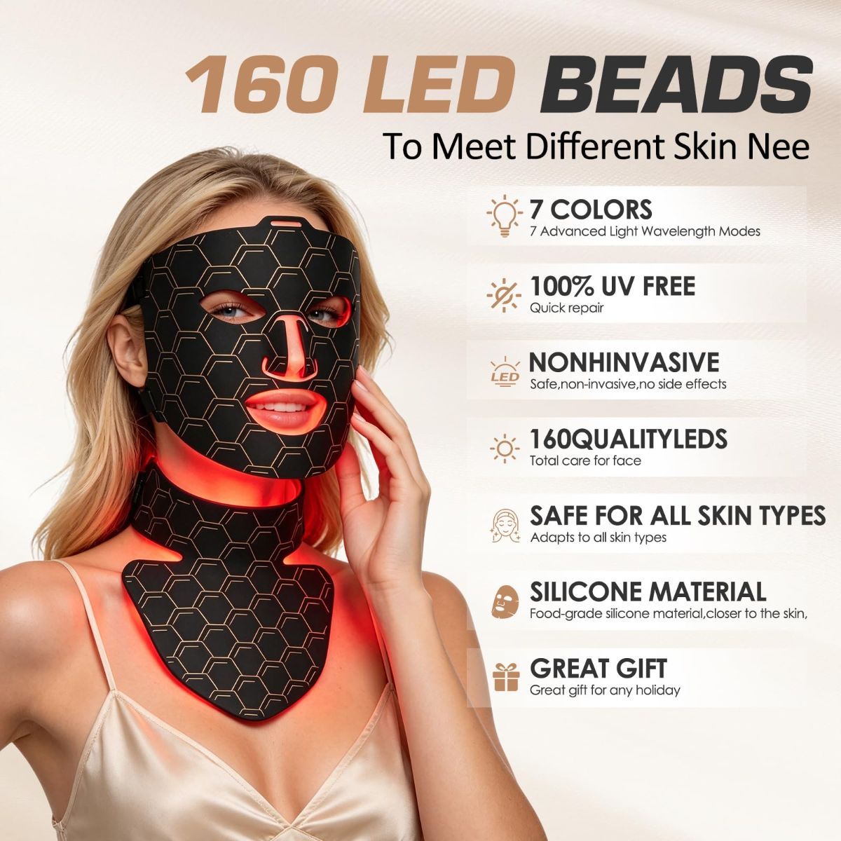 Silicone face and neck light therapy mask with remote control
