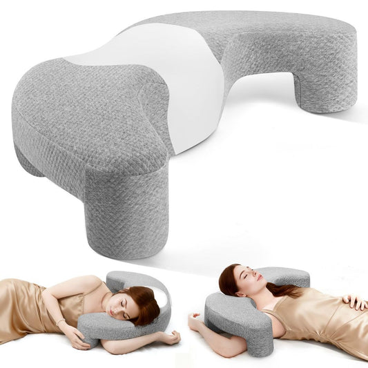 Contoured memory foam side sleeper pillow with an arm channel cut through