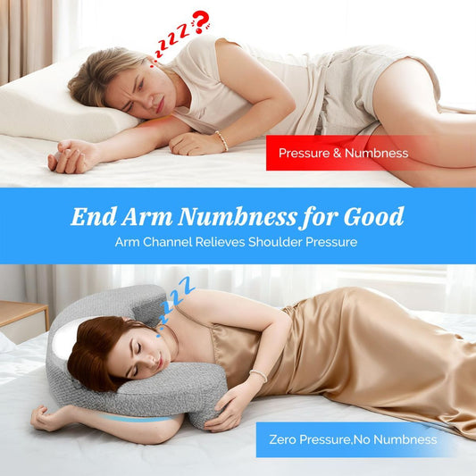 Contoured memory foam side sleeper pillow with an arm channel cut through