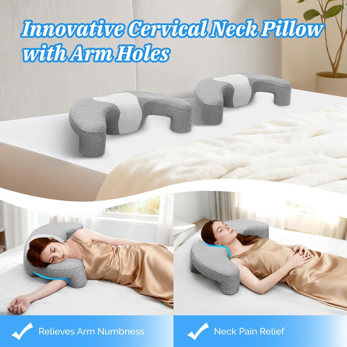 Contoured memory foam side sleeper pillow with an arm channel cut through