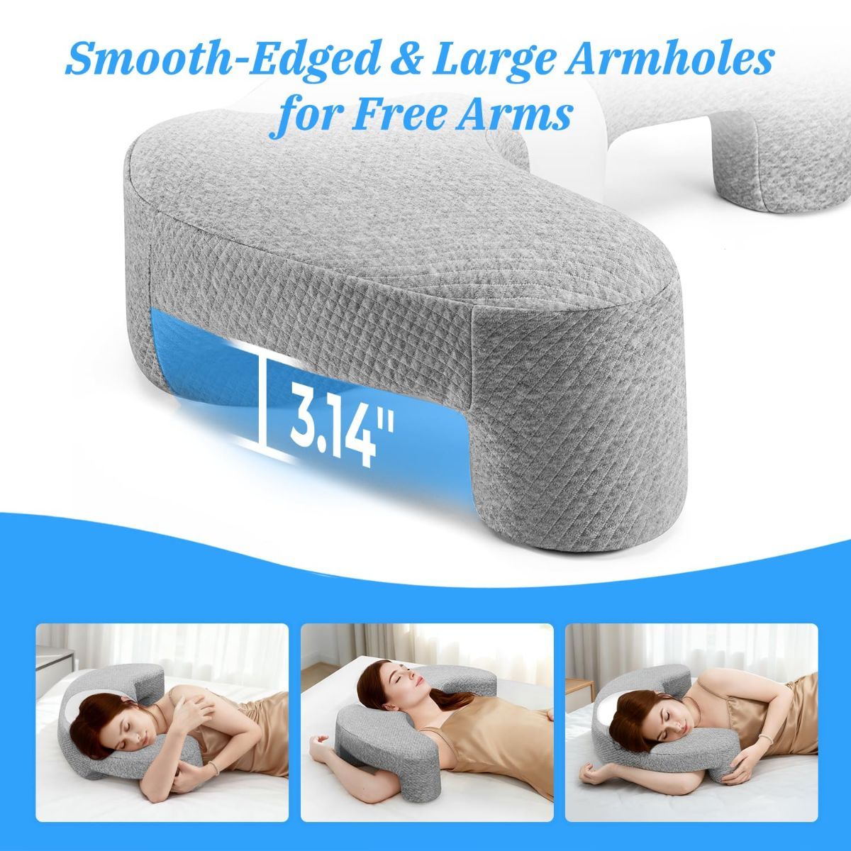 Contoured memory foam side sleeper pillow with an arm channel cut through