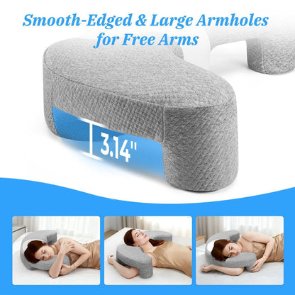 Contoured memory foam side sleeper pillow with an arm channel cut through
