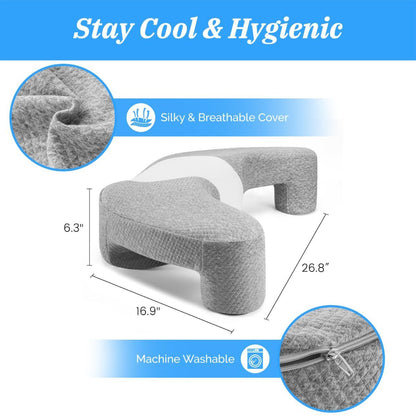 Contoured memory foam side sleeper pillow with an arm channel cut through