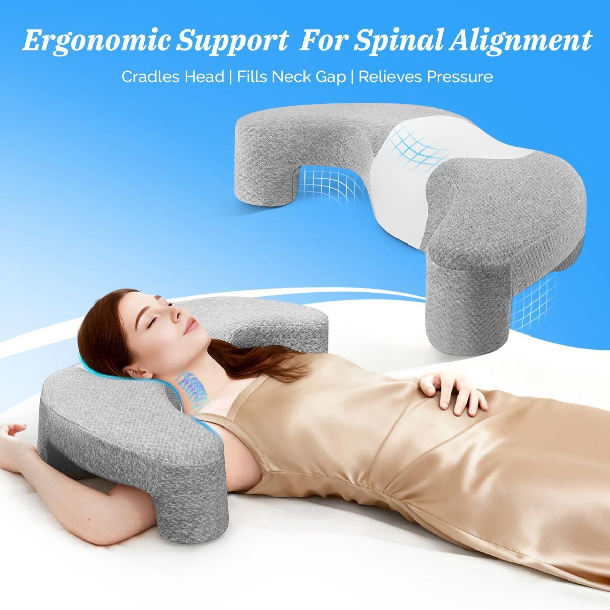 Contoured memory foam side sleeper pillow with an arm channel cut through