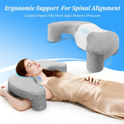 Contoured memory foam side sleeper pillow with an arm channel cut through