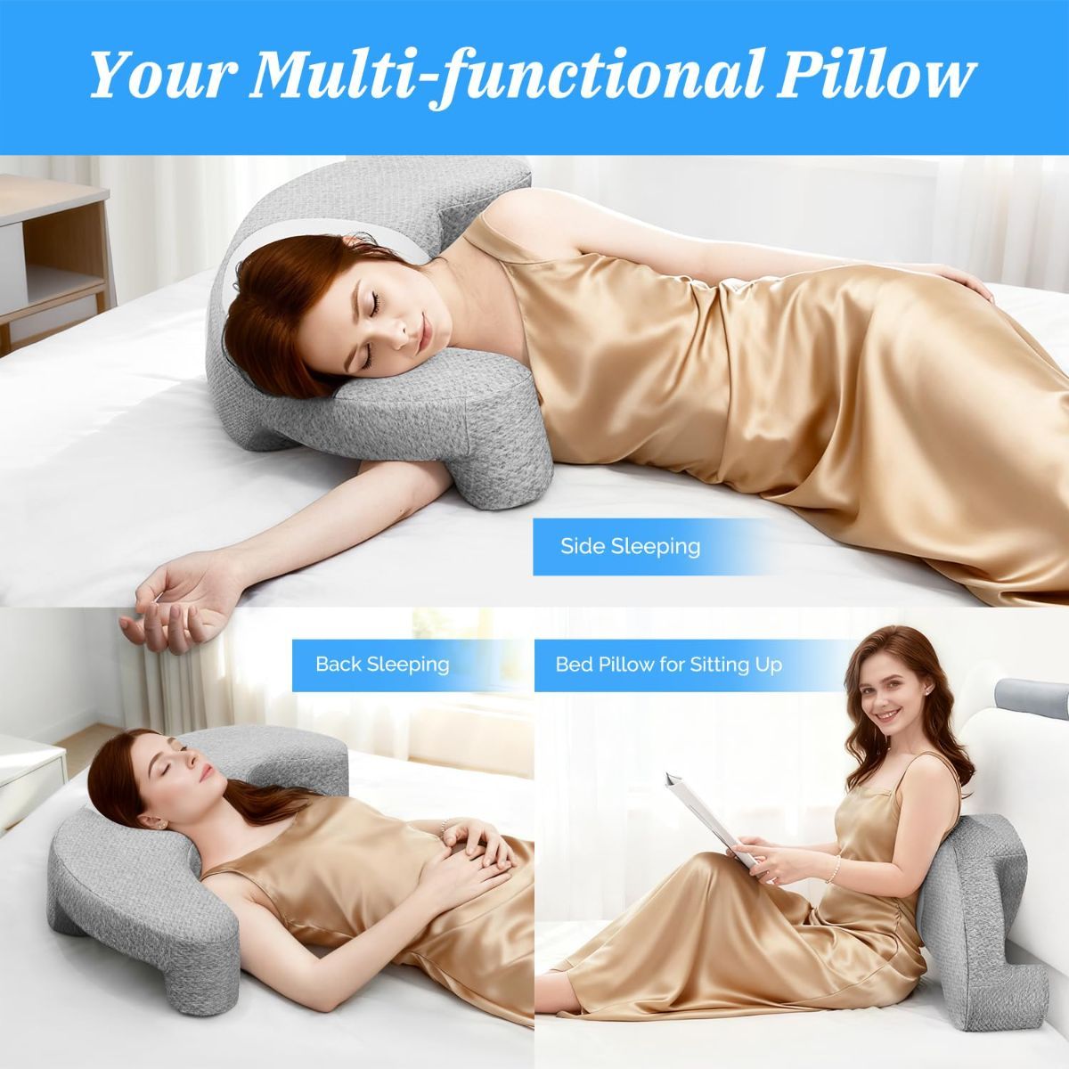 Contoured memory foam side sleeper pillow with an arm channel cut through