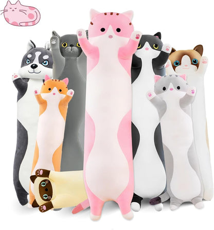 Pink long cat plush pillow with a soft plush look and cat-themed shape