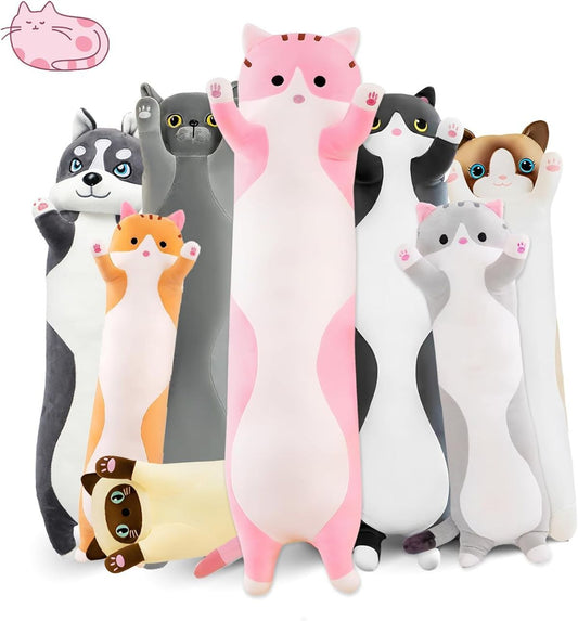 Pink long cat plush pillow with a soft plush look and cat-themed shape
