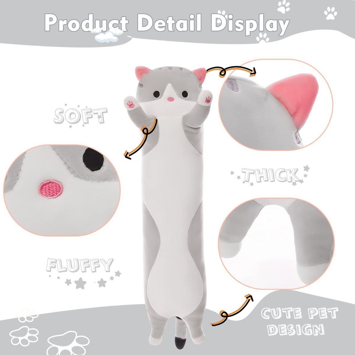 Pink long cat plush pillow with a soft plush look and cat-themed shape