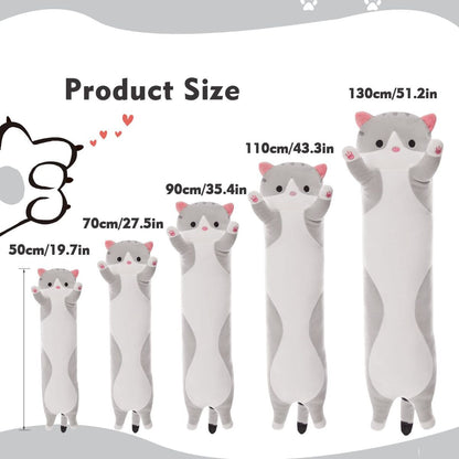 Pink long cat plush pillow with a soft plush look and cat-themed shape
