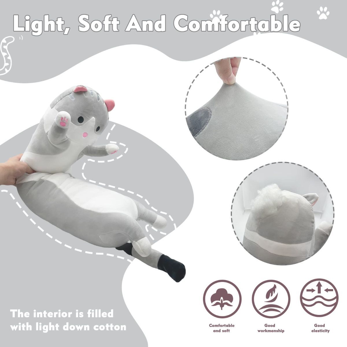 Pink long cat plush pillow with a soft plush look and cat-themed shape