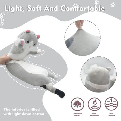 Pink long cat plush pillow with a soft plush look and cat-themed shape