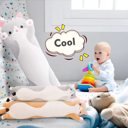 Pink long cat plush pillow with a soft plush look and cat-themed shape