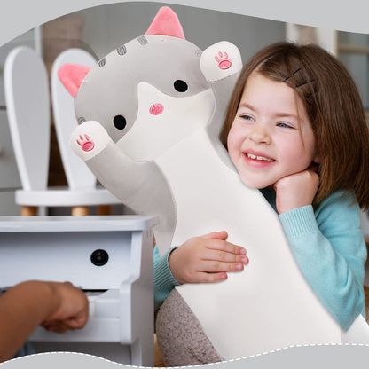 Pink long cat plush pillow with a soft plush look and cat-themed shape