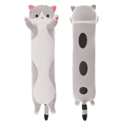 Pink long cat plush pillow with a soft plush look and cat-themed shape