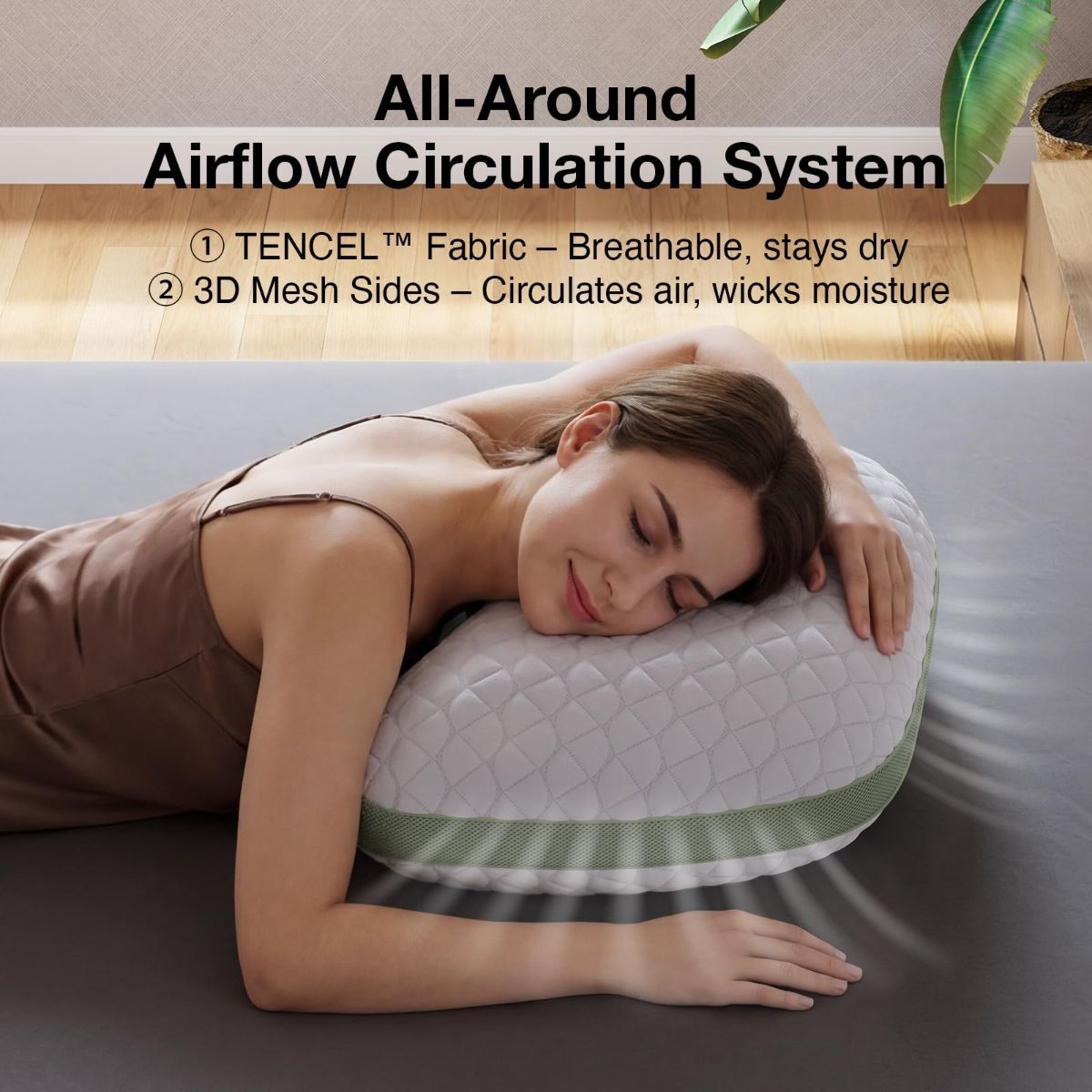 Curved queen side sleeper pillow with Tencel cover and adjustable shredded memory foam fill