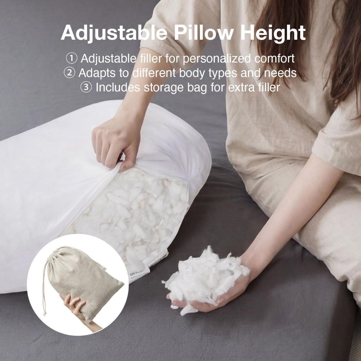 Curved queen side sleeper pillow with Tencel cover and adjustable shredded memory foam fill