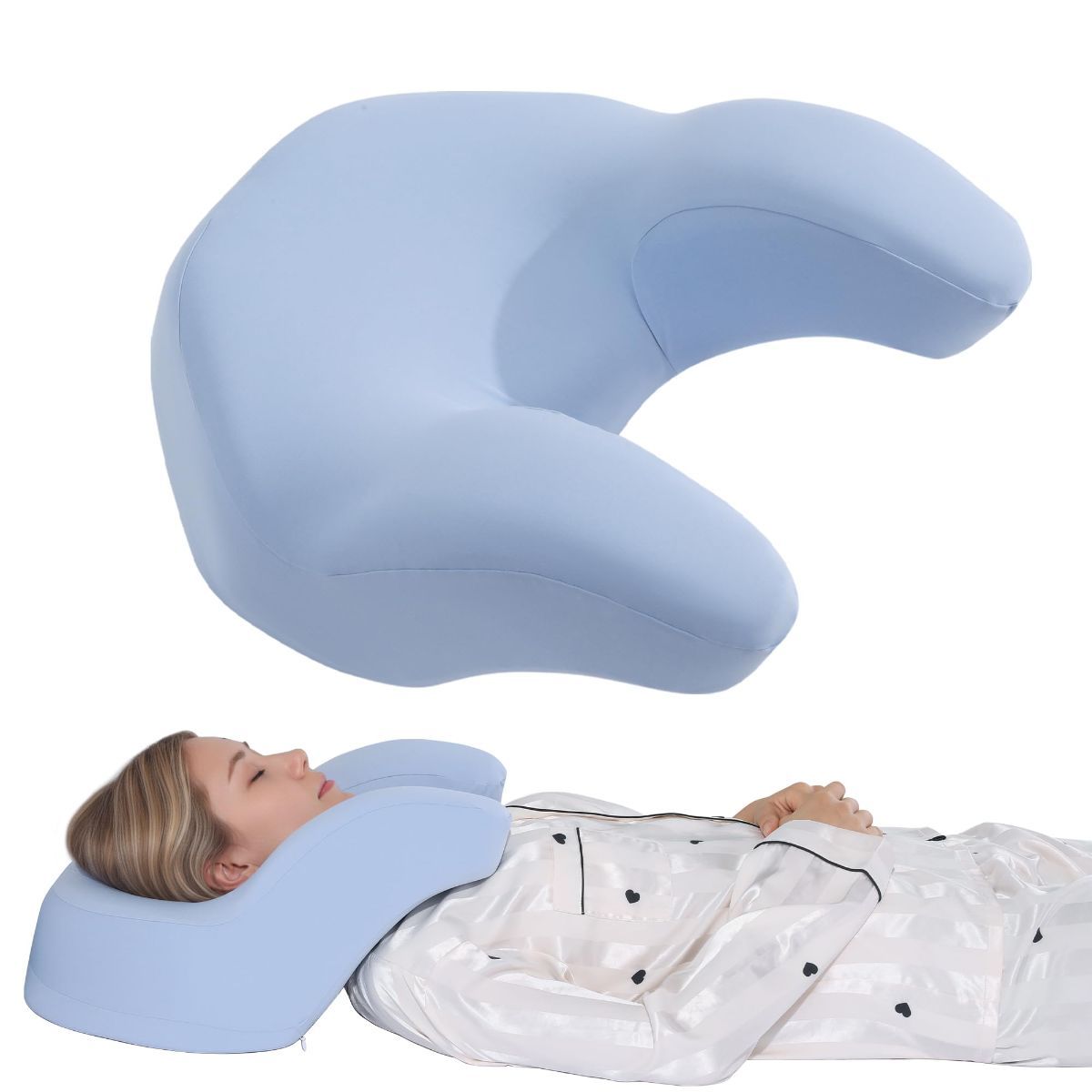 Blue memory foam back sleeping pillow with contoured shape and washable covers