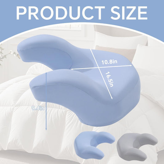 Blue memory foam back sleeping pillow with contoured shape and washable covers