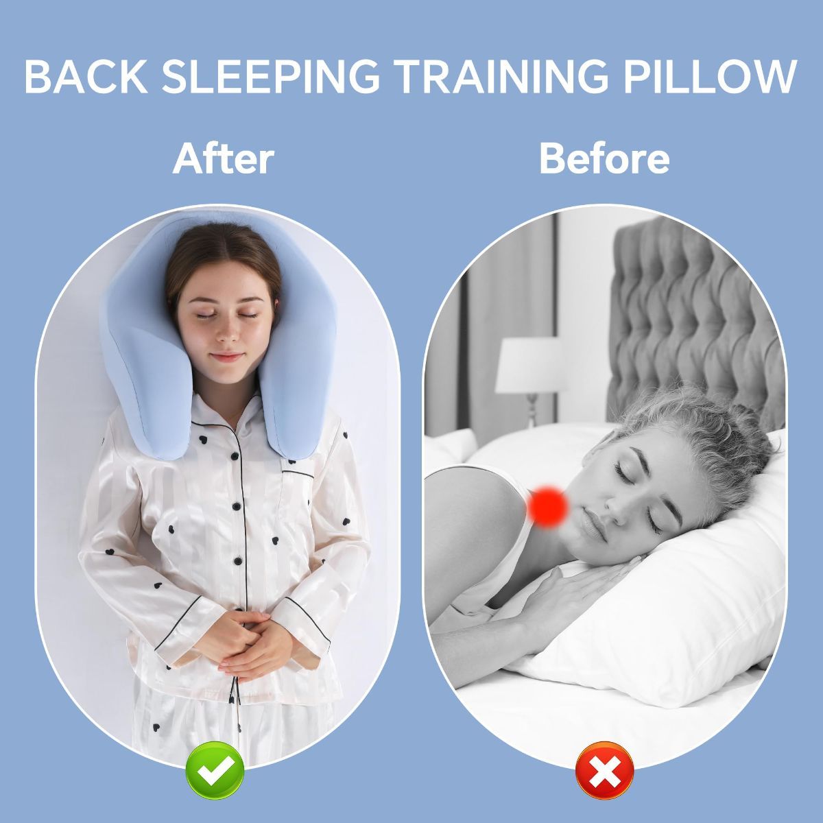 Blue memory foam back sleeping pillow with contoured shape and washable covers