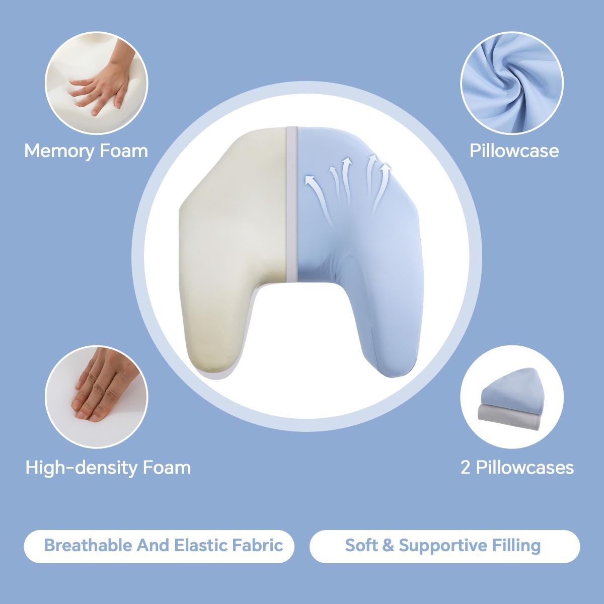 Blue memory foam back sleeping pillow with contoured shape and washable covers