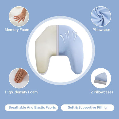 Blue memory foam back sleeping pillow with contoured shape and washable covers