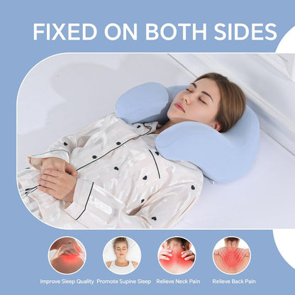 Blue memory foam back sleeping pillow with contoured shape and washable covers