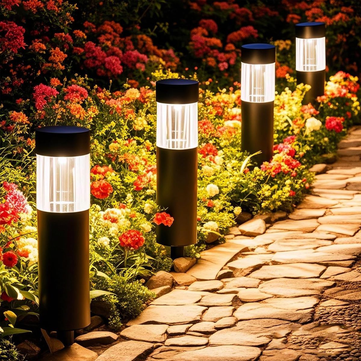Four black solar stainless steel pathway lights for outdoor garden use