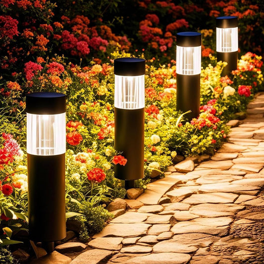 Four black solar stainless steel pathway lights for outdoor garden use