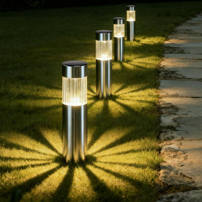 Four black solar stainless steel pathway lights for outdoor garden use