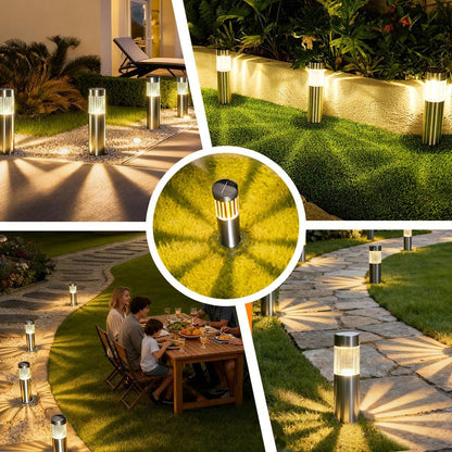 Four black solar stainless steel pathway lights for outdoor garden use