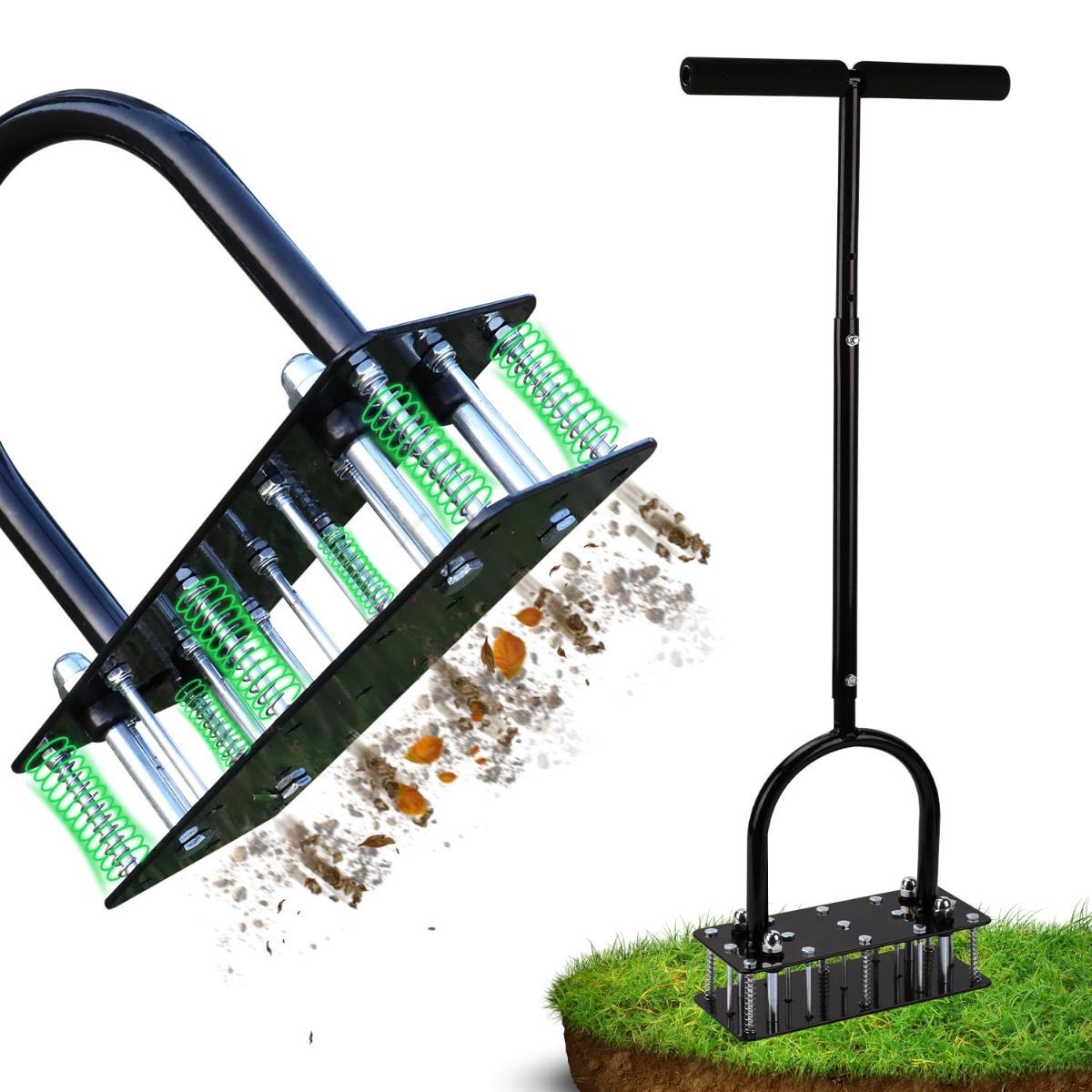 Black manual lawn aerator with 15 spikes and adjustable handle