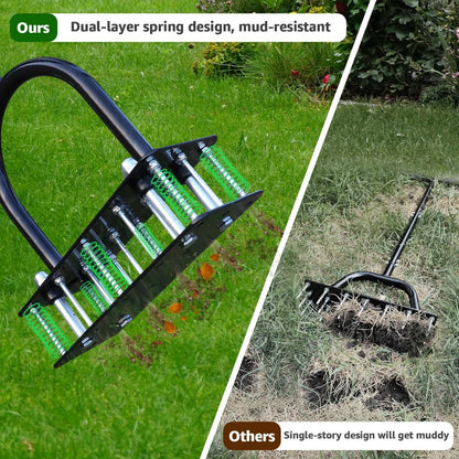 Black manual lawn aerator with 15 spikes and adjustable handle