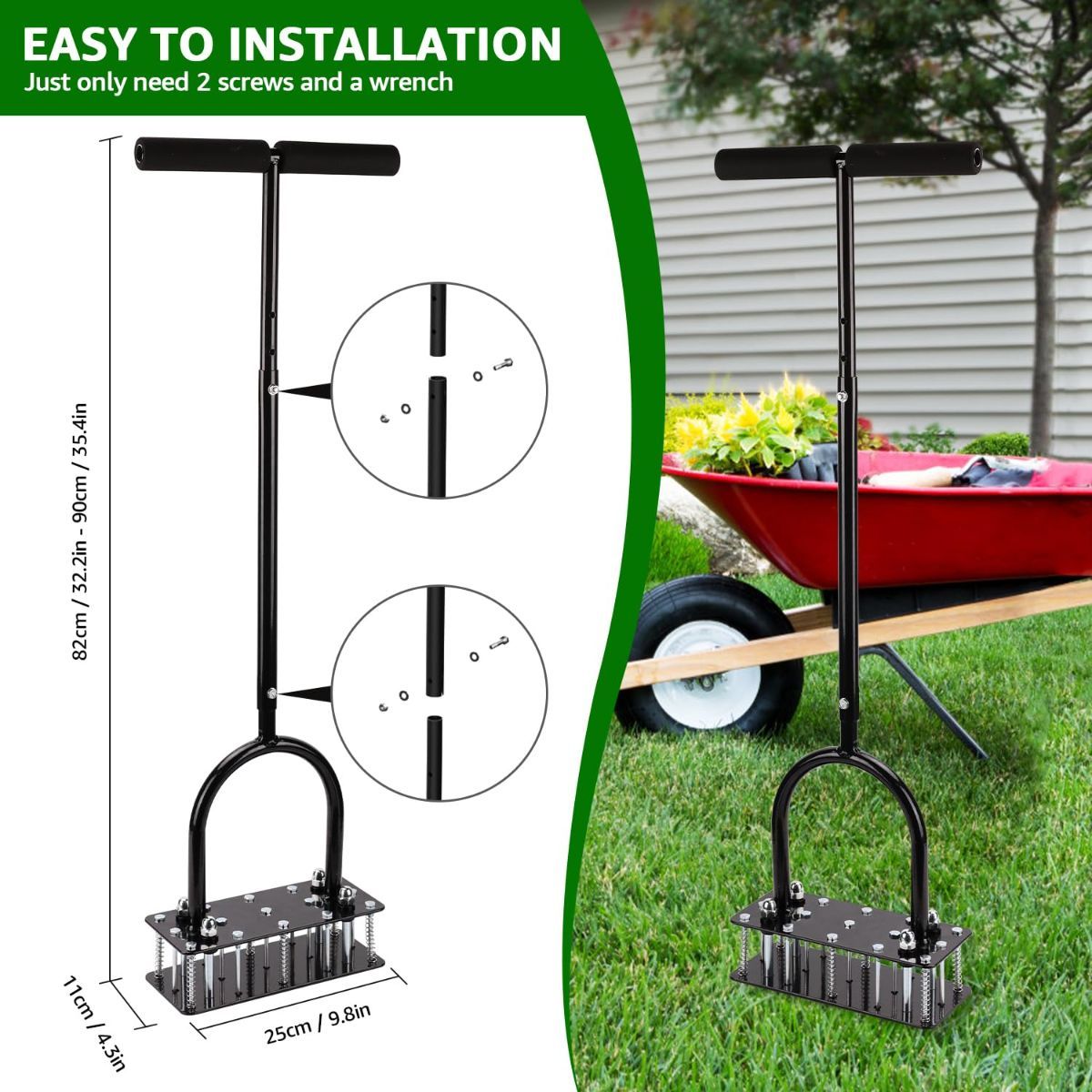 Black manual lawn aerator with 15 spikes and adjustable handle