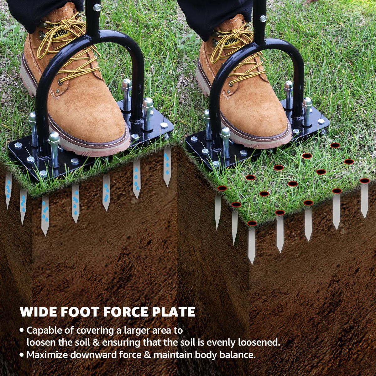 Black manual lawn aerator with 15 spikes and adjustable handle