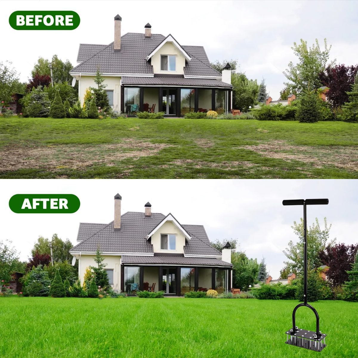 Black manual lawn aerator with 15 spikes and adjustable handle