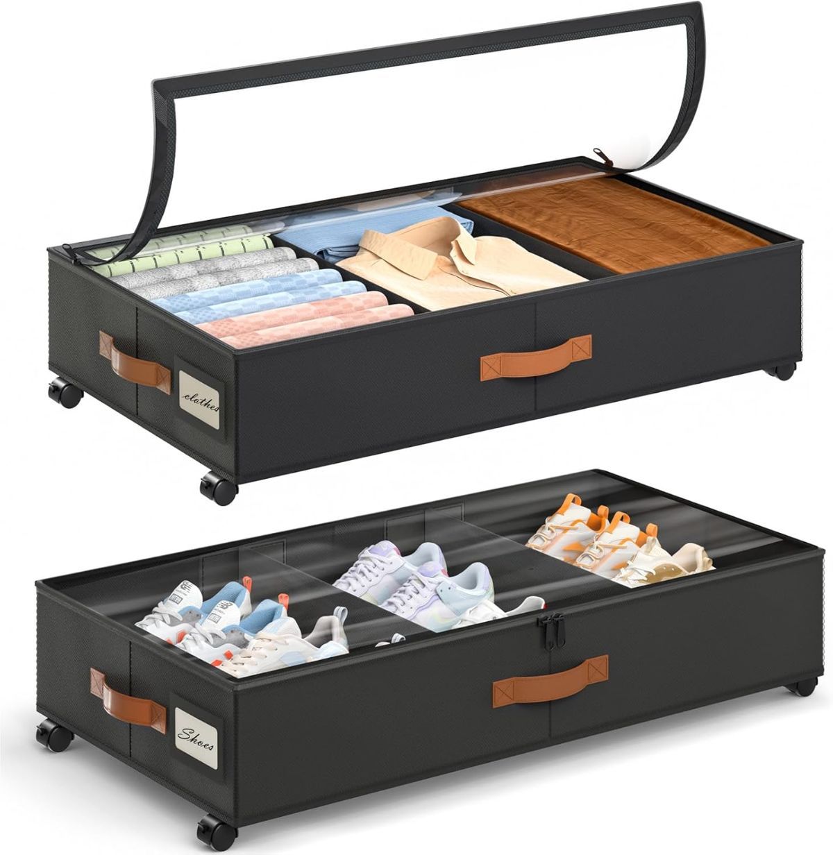 Two black under-bed storage bins with clear lids, wheels and dividers