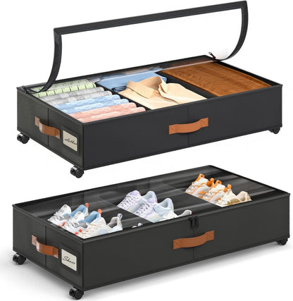 Two black under-bed storage bins with clear lids, wheels and dividers