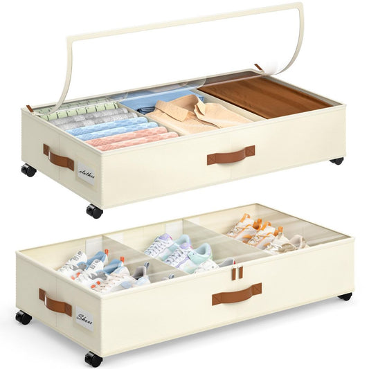 Two black under-bed storage bins with clear lids, wheels and dividers