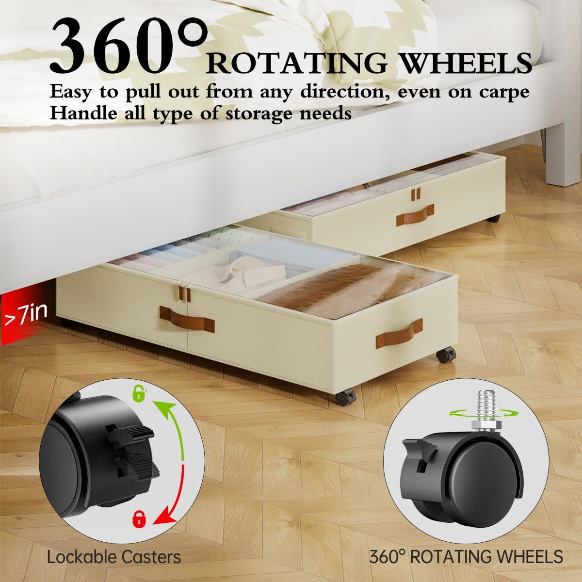 Two black under-bed storage bins with clear lids, wheels and dividers