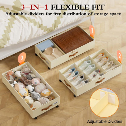 Two black under-bed storage bins with clear lids, wheels and dividers