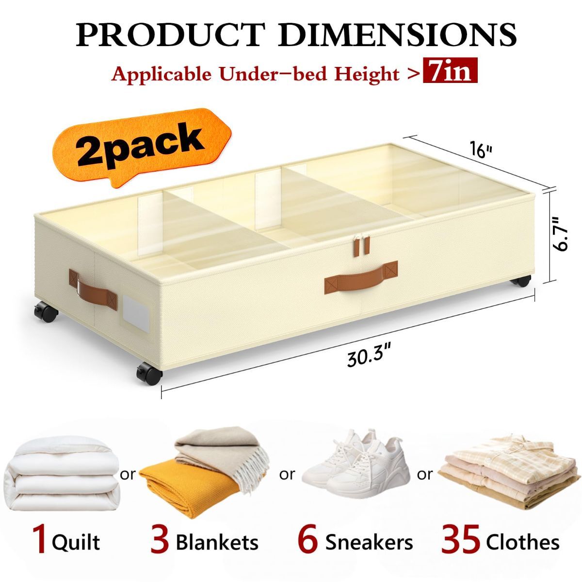 Two black under-bed storage bins with clear lids, wheels and dividers
